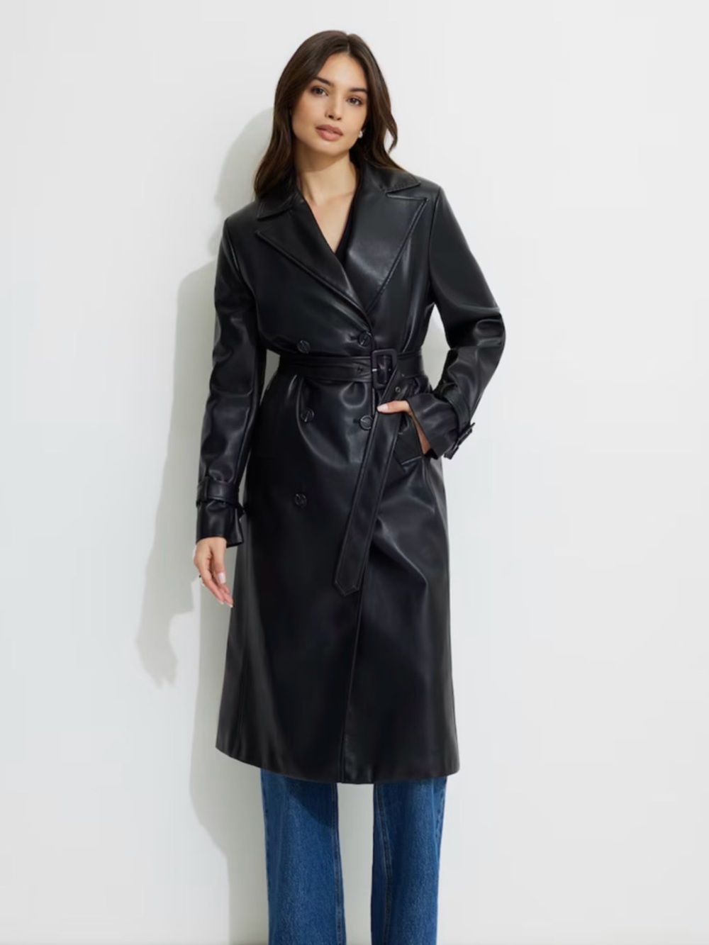 Dynamite Black Faux Leather Belted Trench Coat